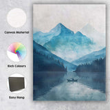 Blue Watercolour Mountain Lake Lone Boat Serene Landscape Canvas Wall Art Print Decor Picture Ready to Hang
