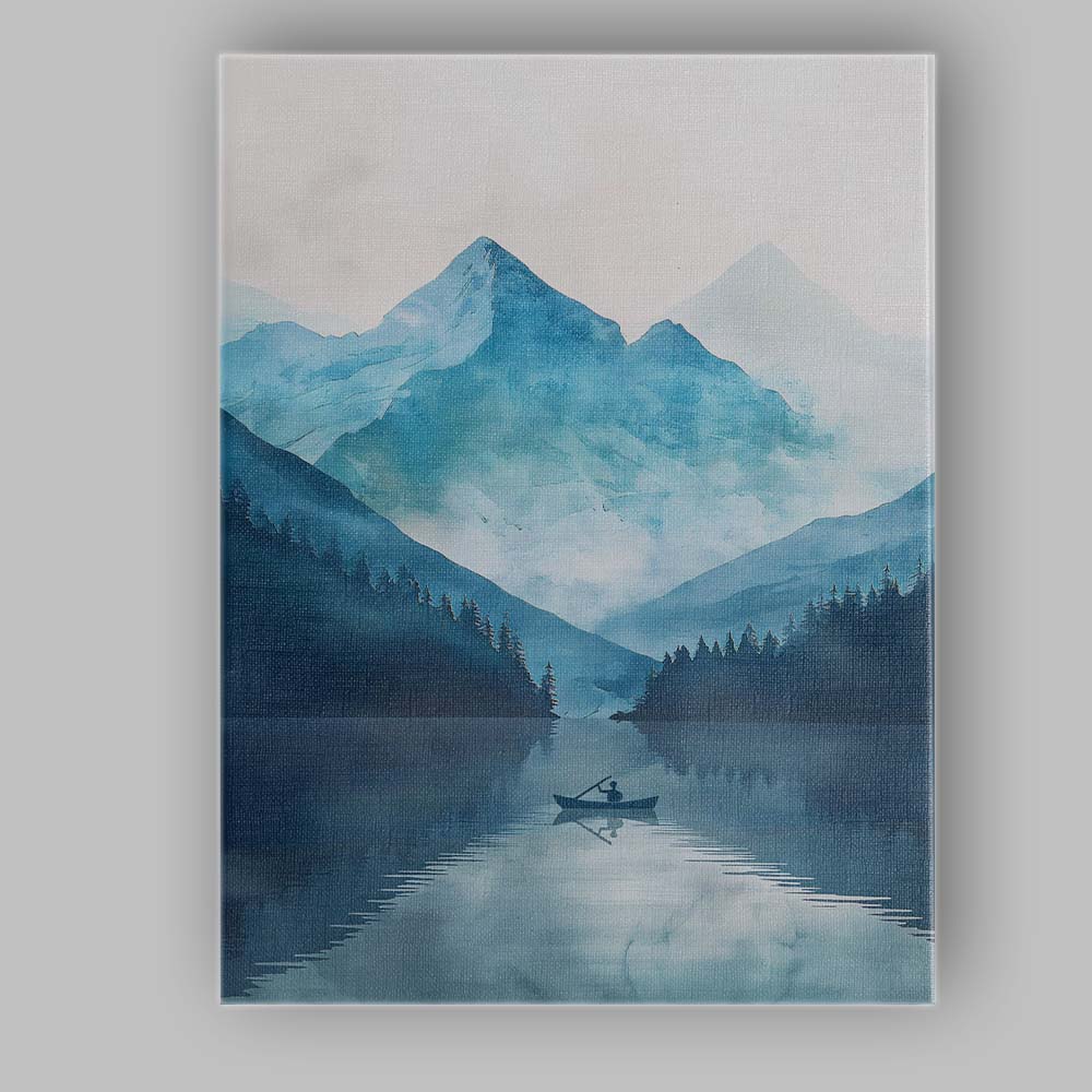 Blue Watercolour Mountain Lake Lone Boat Serene Landscape Canvas Wall Art Print Decor Picture Ready to Hang