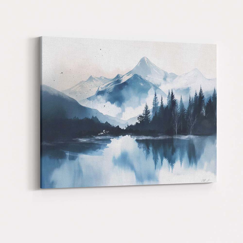 Blue Watercolour Snowy Mountain Lake Forest Reflection Landscape Canvas Wall Art Print Decor Picture Ready to Hang