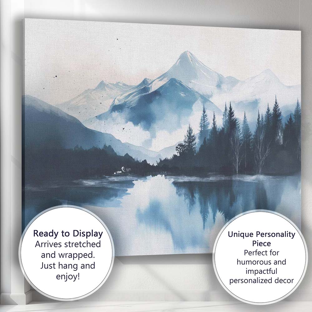Blue Watercolour Snowy Mountain Lake Forest Reflection Landscape Canvas Wall Art Print Decor Picture Ready to Hang