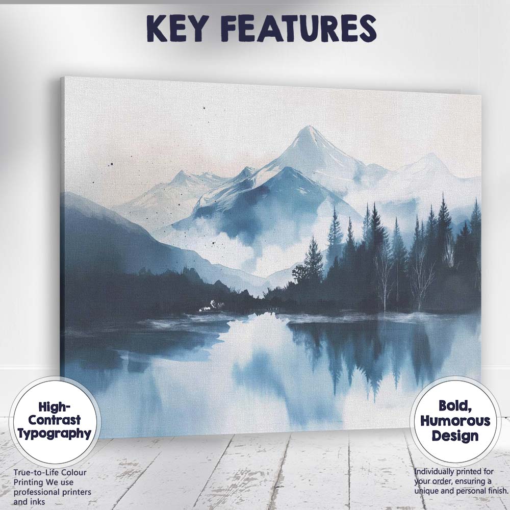 Blue Watercolour Snowy Mountain Lake Forest Reflection Landscape Canvas Wall Art Print Decor Picture Ready to Hang