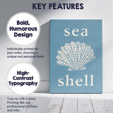 Blue Sea Shell Coastal Typography Nautical Illustration Canvas Wall Art Print Decor Picture Ready to Hang