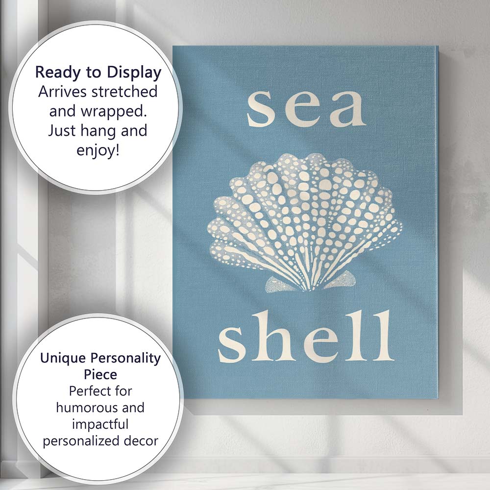 Blue Sea Shell Coastal Typography Nautical Illustration Canvas Wall Art Print Decor Picture Ready to Hang