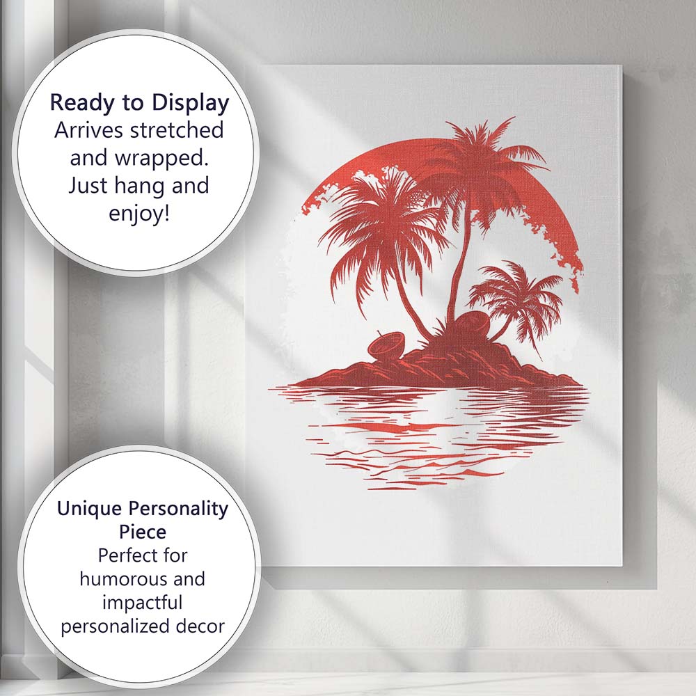 Tropical Palm Island Red Sunset Minimalist Coastal Illustration Canvas Wall Art Print Decor Picture Ready to Hang