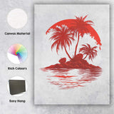 Tropical Palm Island Red Sunset Minimalist Coastal Illustration Canvas Wall Art Print Decor Picture Ready to Hang