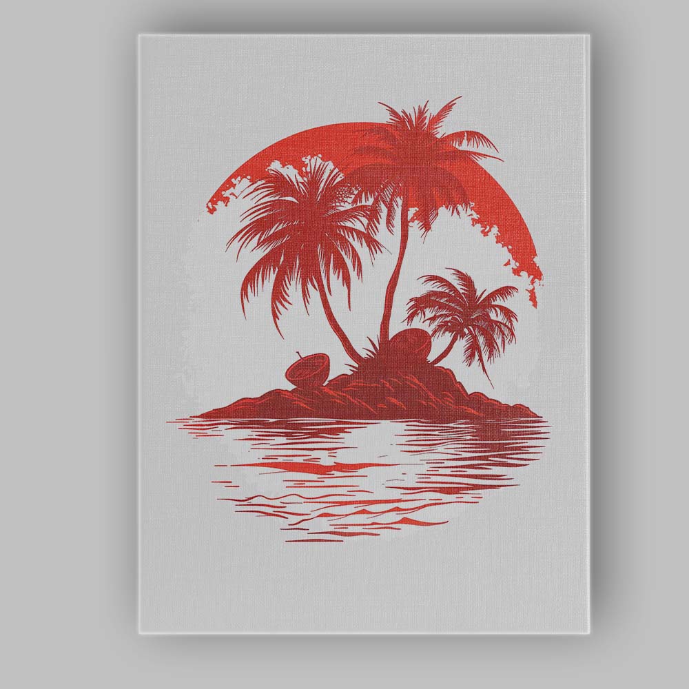 Tropical Palm Island Red Sunset Minimalist Coastal Illustration Canvas Wall Art Print Decor Picture Ready to Hang