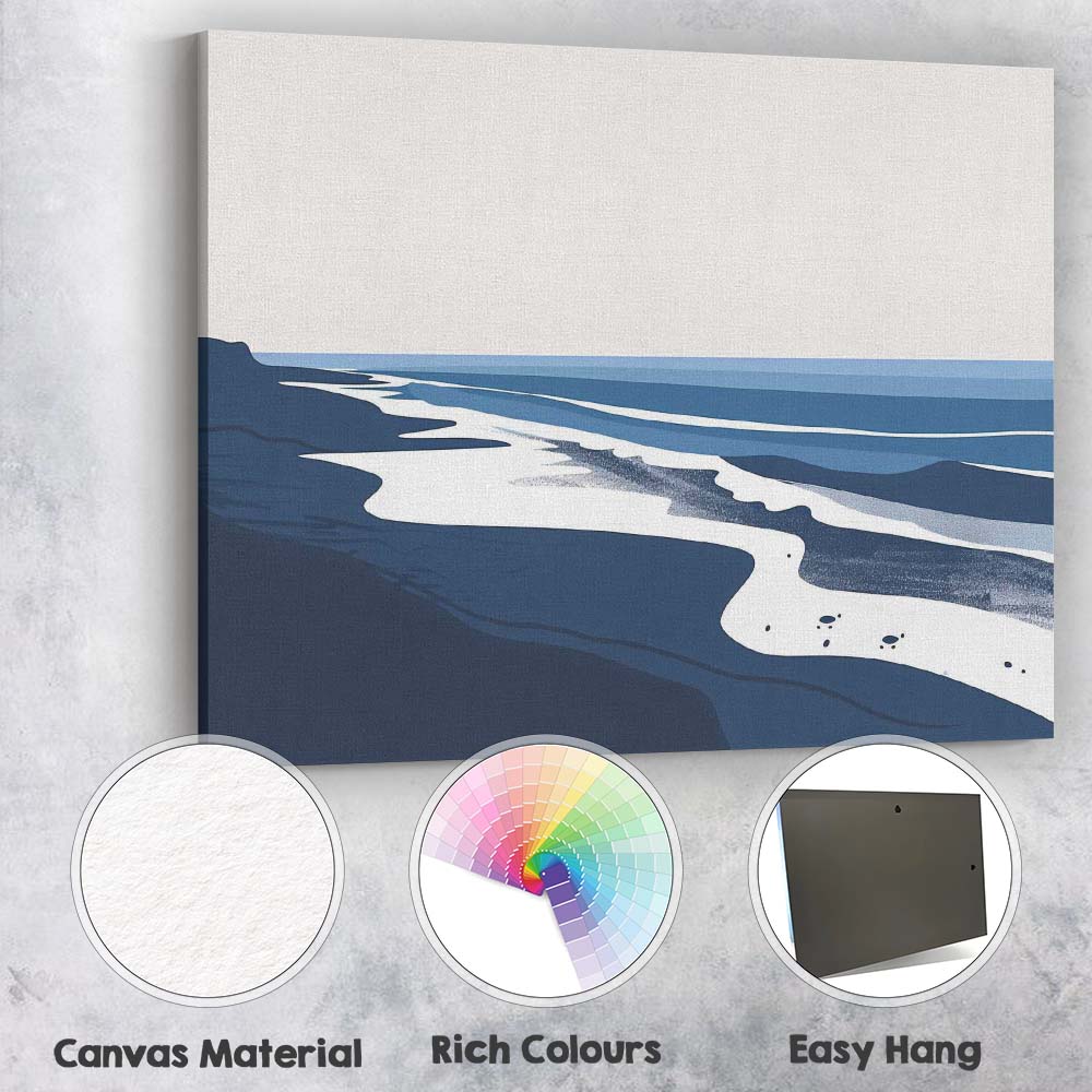 Modern Blue Coastal Shoreline Ocean Landscape Minimalist Beach Canvas Wall Art Print Decor Picture Ready to Hang