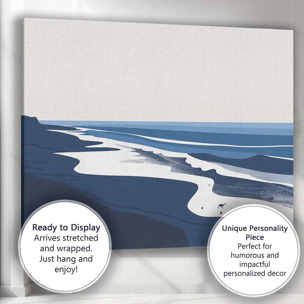 Modern Blue Coastal Shoreline Ocean Landscape Minimalist Beach Canvas Wall Art Print Decor Picture Ready to Hang