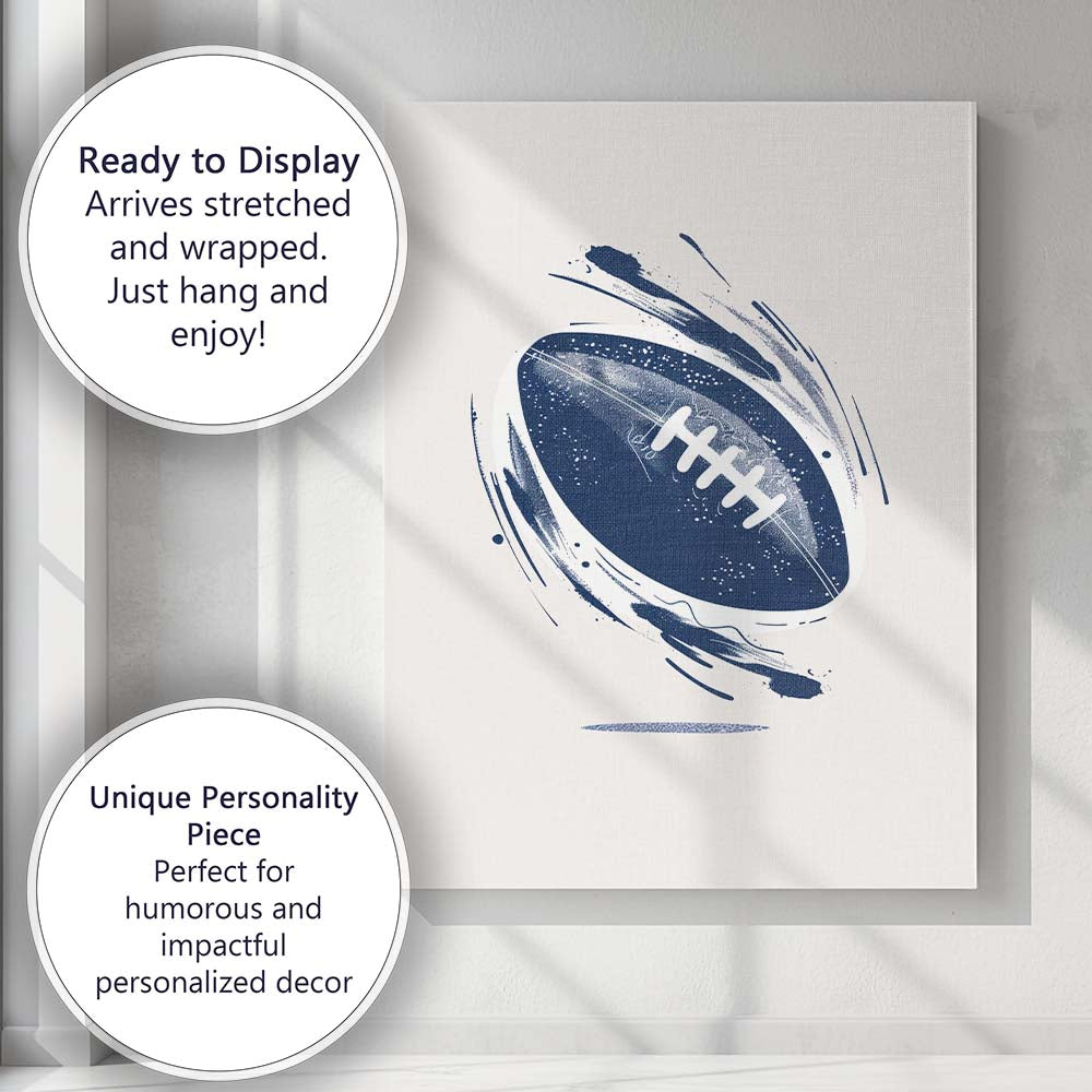 Spinning American Football Abstract Sports Illustration Blue Monochrome Canvas Wall Art Print Decor Picture Ready to Hang