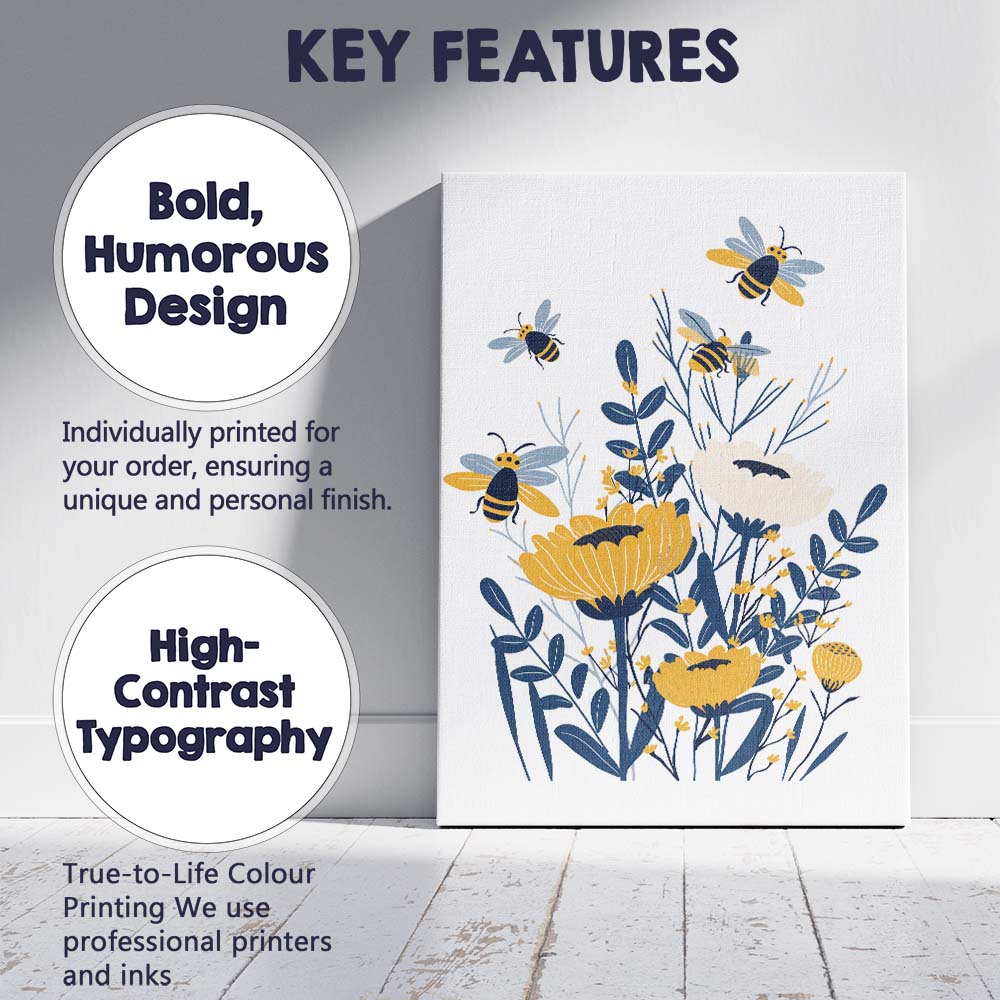 Bee and Wildflower Botanical Garden Illustration Yellow Blue Canvas Wall Art Print Decor Picture Ready to Hang