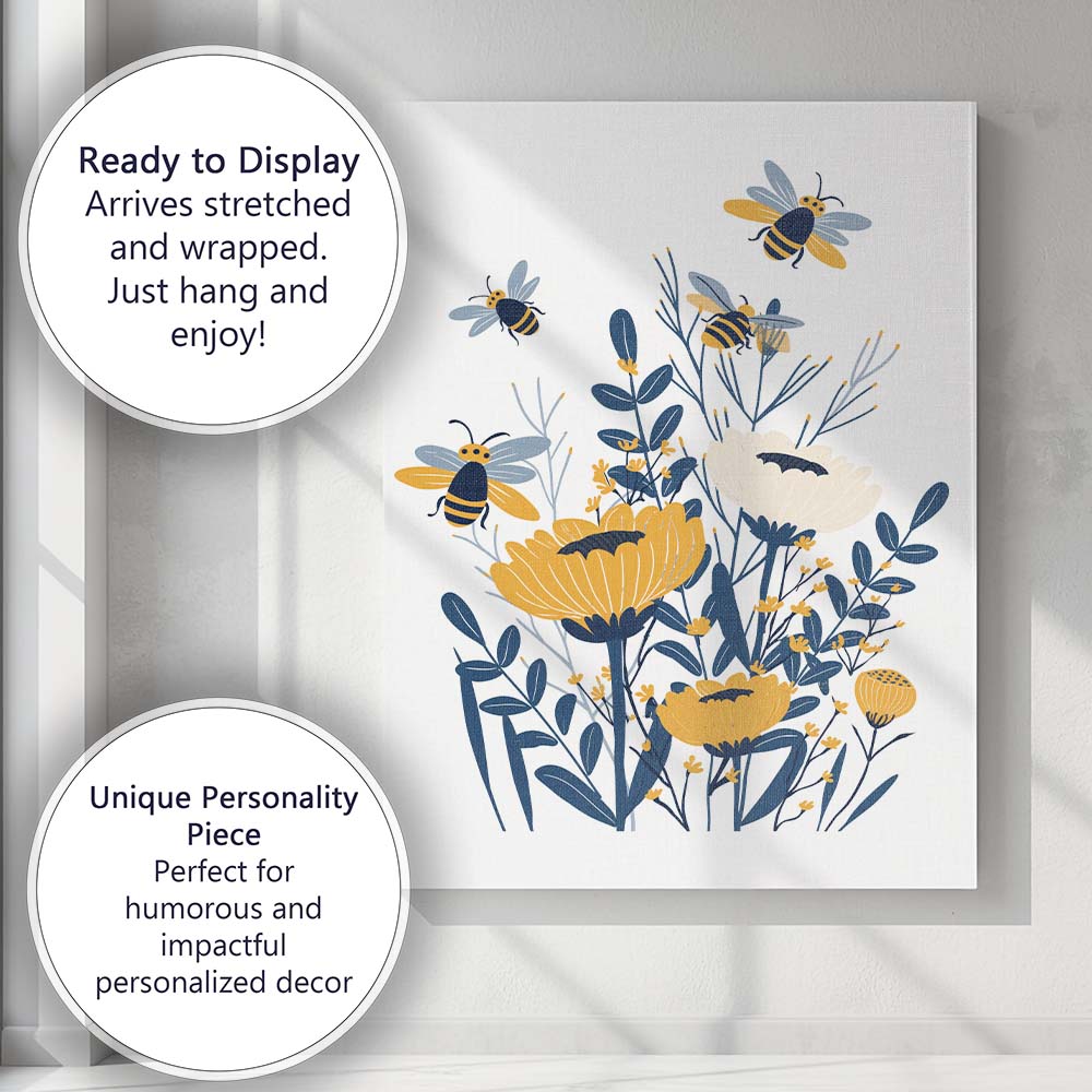 Bee and Wildflower Botanical Garden Illustration Yellow Blue Canvas Wall Art Print Decor Picture Ready to Hang