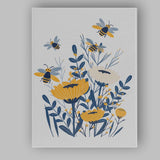 Bee and Wildflower Botanical Garden Illustration Yellow Blue Canvas Wall Art Print Decor Picture Ready to Hang