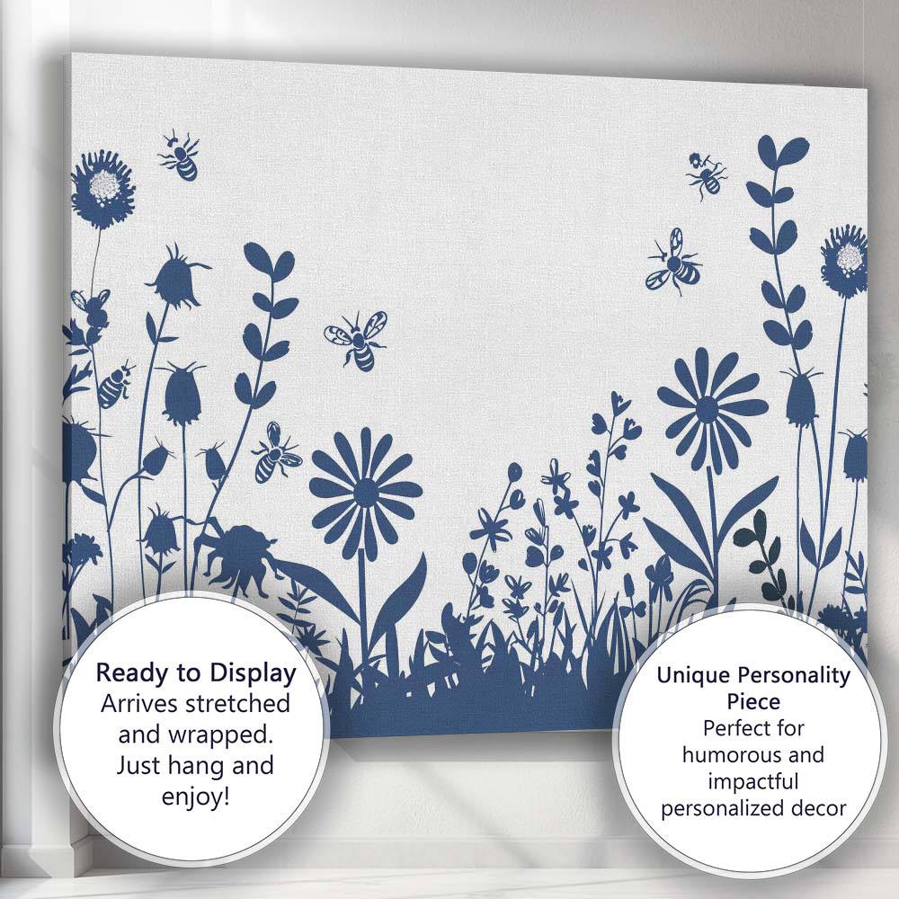 Wildflower Meadow Bees Botanical Silhouette Nature Illustration Canvas Wall Art Print Decor Picture Ready to Hang