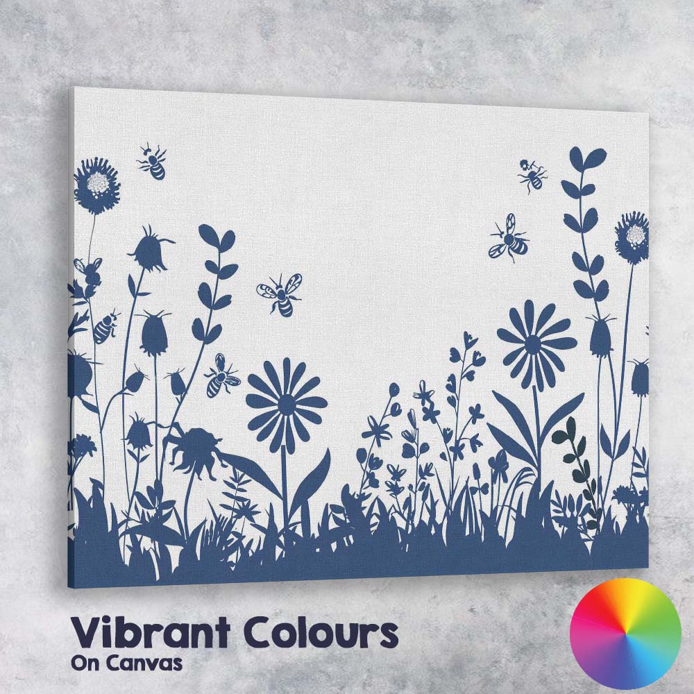 Wildflower Meadow Bees Botanical Silhouette Nature Illustration Canvas Wall Art Print Decor Picture Ready to Hang