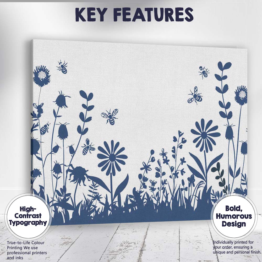 Wildflower Meadow Bees Botanical Silhouette Nature Illustration Canvas Wall Art Print Decor Picture Ready to Hang