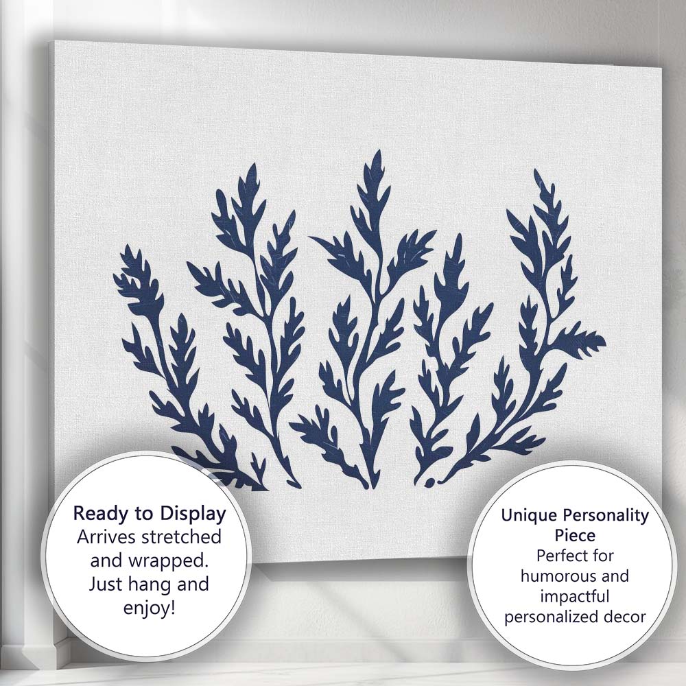 Dark Navy Seaweed Botanical Coastal Silhouette Illustration Canvas Wall Art Print Decor Picture Ready to Hang