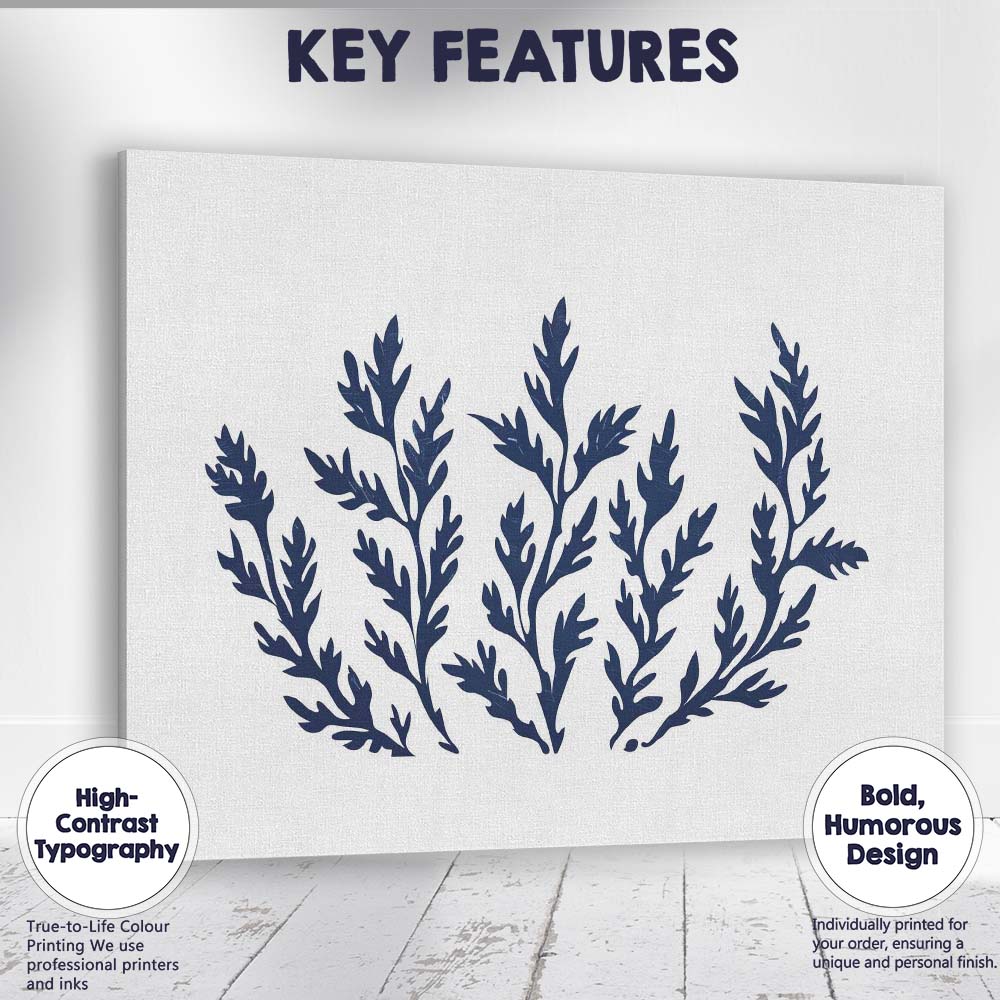 Dark Navy Seaweed Botanical Coastal Silhouette Illustration Canvas Wall Art Print Decor Picture Ready to Hang