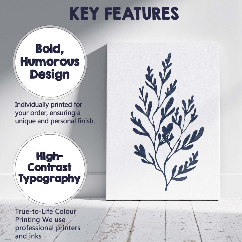 Navy Blue Organic Foliage Botanical Branch Illustration Canvas Wall Art Print Decor Picture Ready to Hang