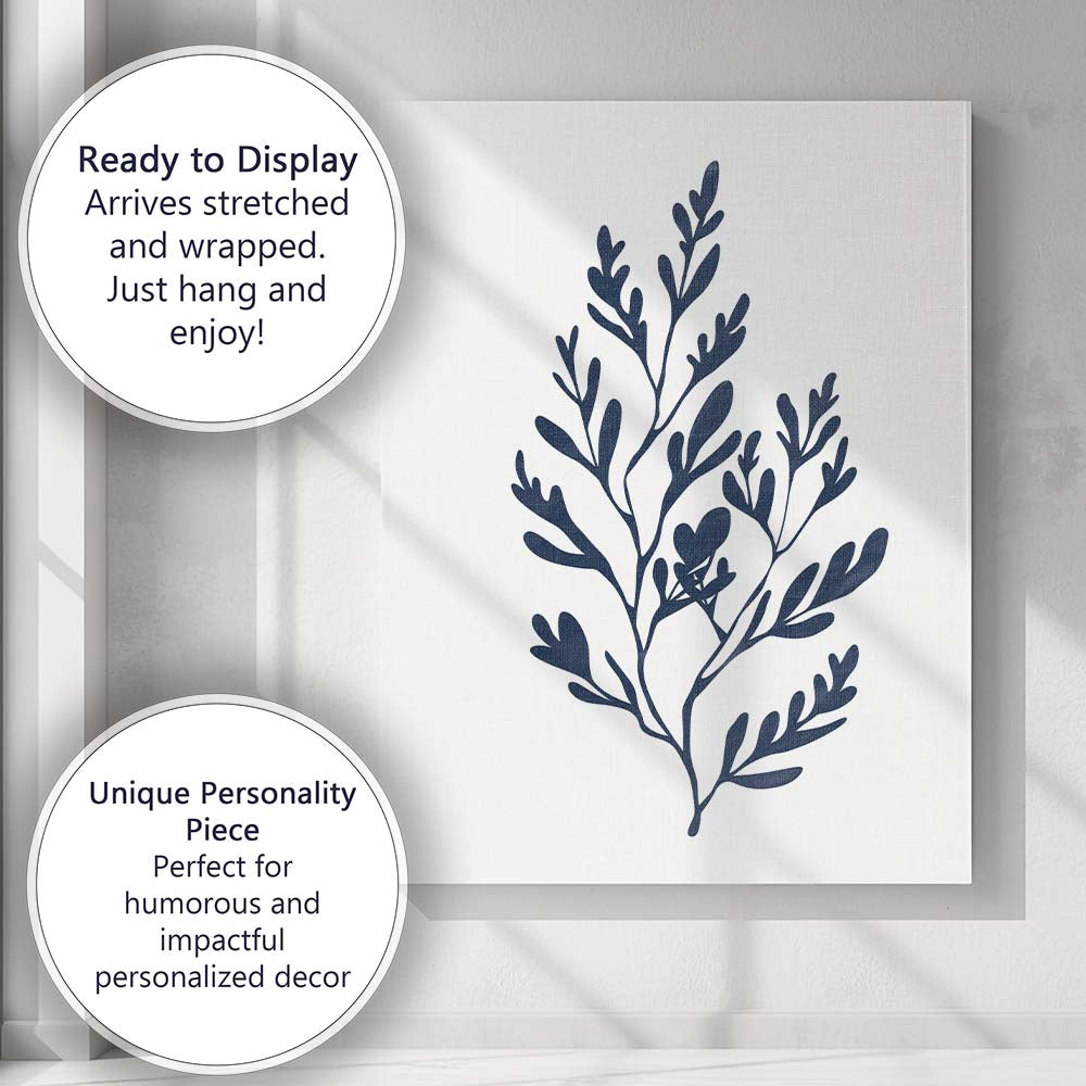 Navy Blue Organic Foliage Botanical Branch Illustration Canvas Wall Art Print Decor Picture Ready to Hang