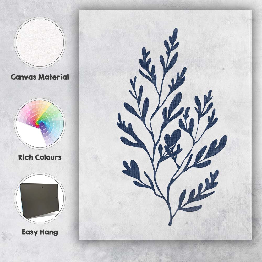 Navy Blue Organic Foliage Botanical Branch Illustration Canvas Wall Art Print Decor Picture Ready to Hang
