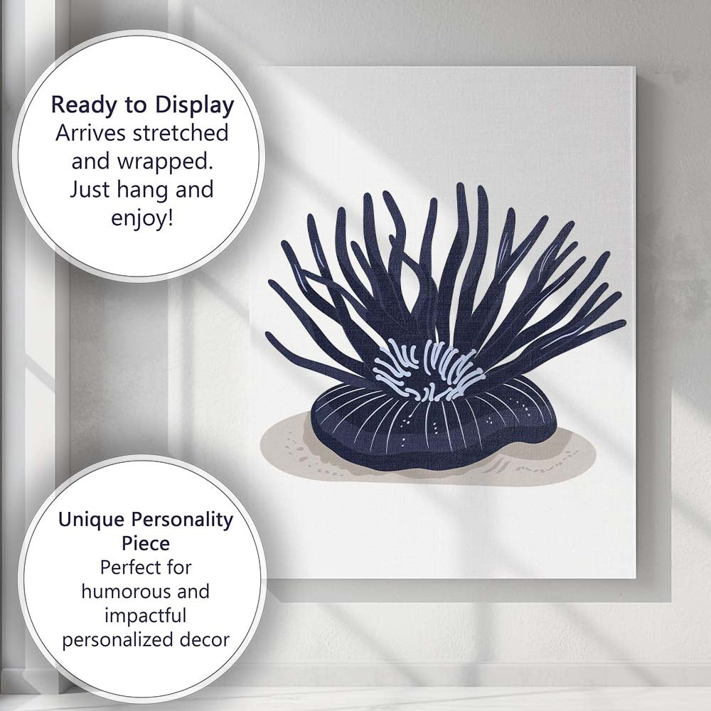 Dark Blue Sea Anemone Marine Life Minimalist Illustration Canvas Wall Art Print Decor Picture Ready to Hang