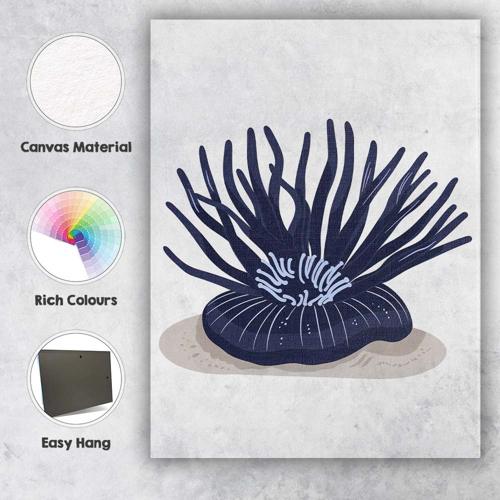 Dark Blue Sea Anemone Marine Life Minimalist Illustration Canvas Wall Art Print Decor Picture Ready to Hang