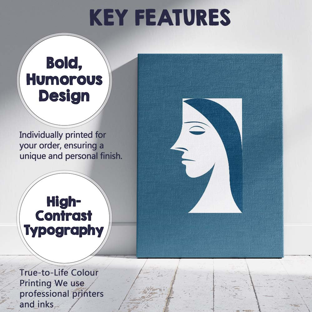 Minimalist Blue Female Portrait Abstract Face Line Art Canvas Wall Art Print Decor Picture Ready to Hang