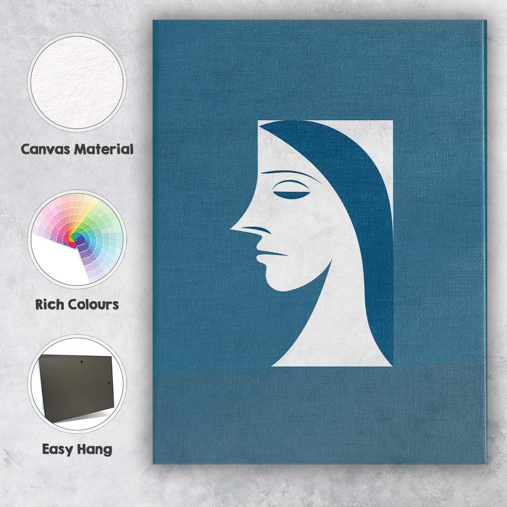 Minimalist Blue Female Portrait Abstract Face Line Art Canvas Wall Art Print Decor Picture Ready to Hang
