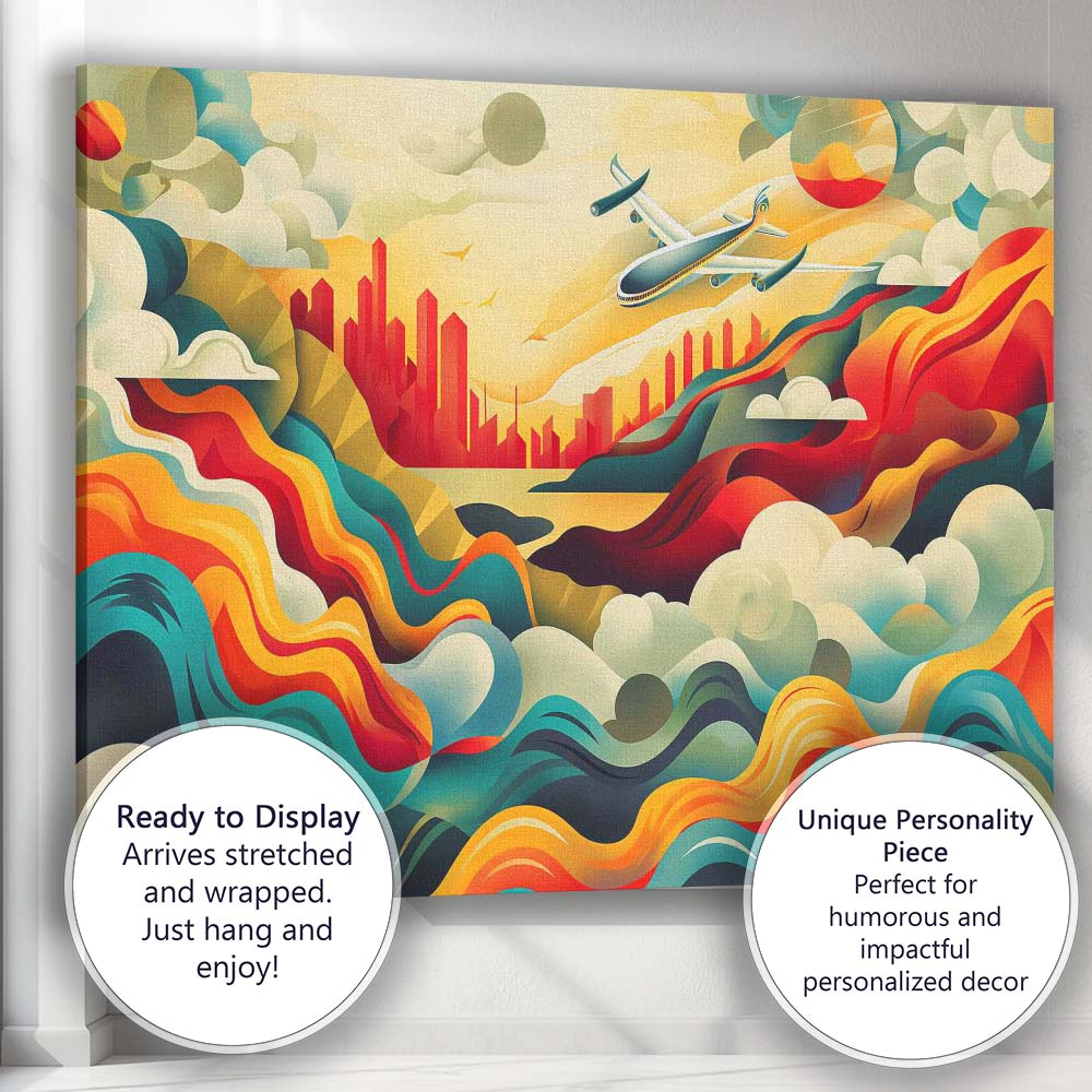 Modern Abstract City Skyline Airplane Landscape Illustration Canvas Wall Art Print Decor Picture Ready to Hang