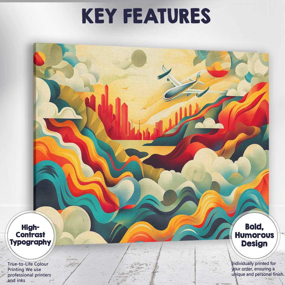 Modern Abstract City Skyline Airplane Landscape Illustration Canvas Wall Art Print Decor Picture Ready to Hang