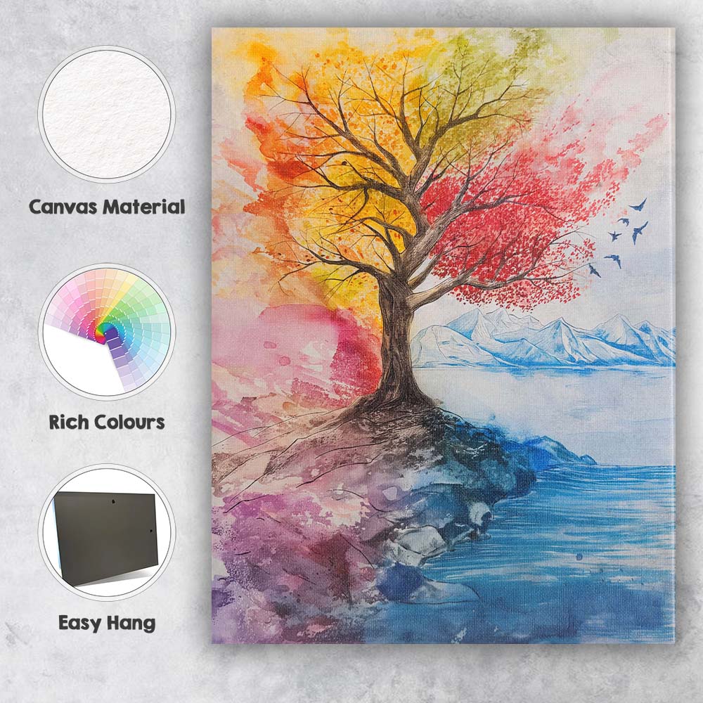 Watercolour Four Seasons Tree Mountain Lake Landscape Canvas Wall Art Print Decor Picture Ready to Hang