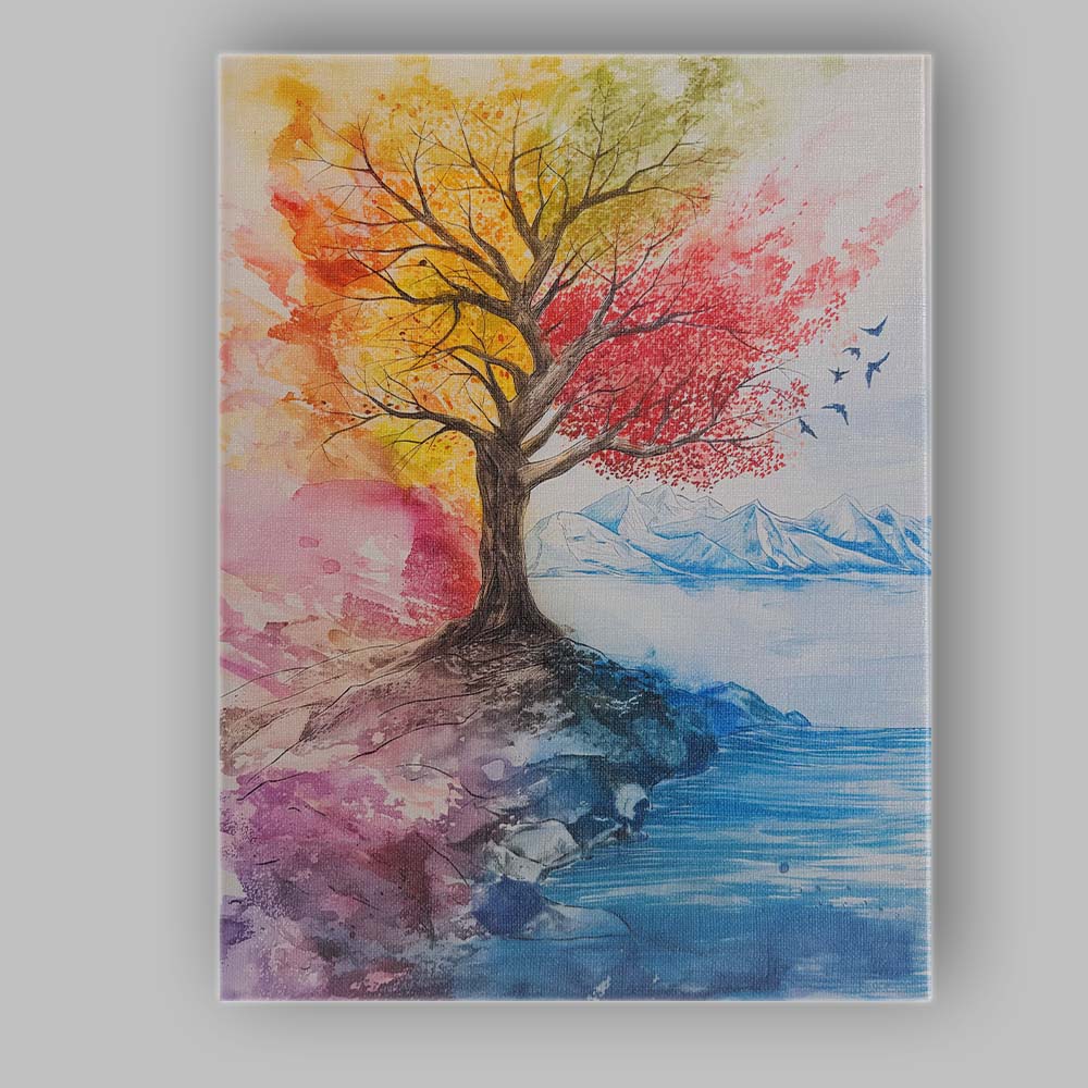 Watercolour Four Seasons Tree Mountain Lake Landscape Canvas Wall Art Print Decor Picture Ready to Hang