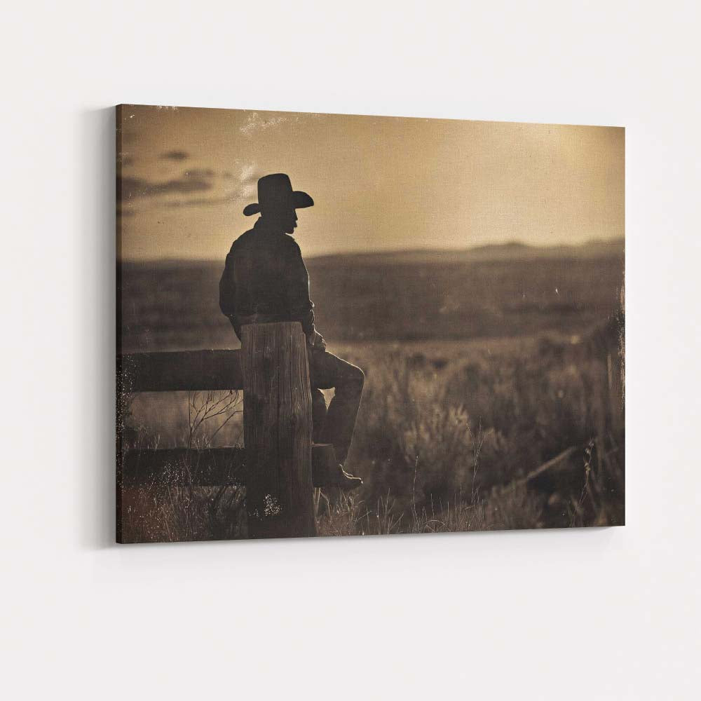Sepia Lone Cowboy Western Prairie Landscape Photography Canvas Wall Art Print Decor Picture Ready to Hang