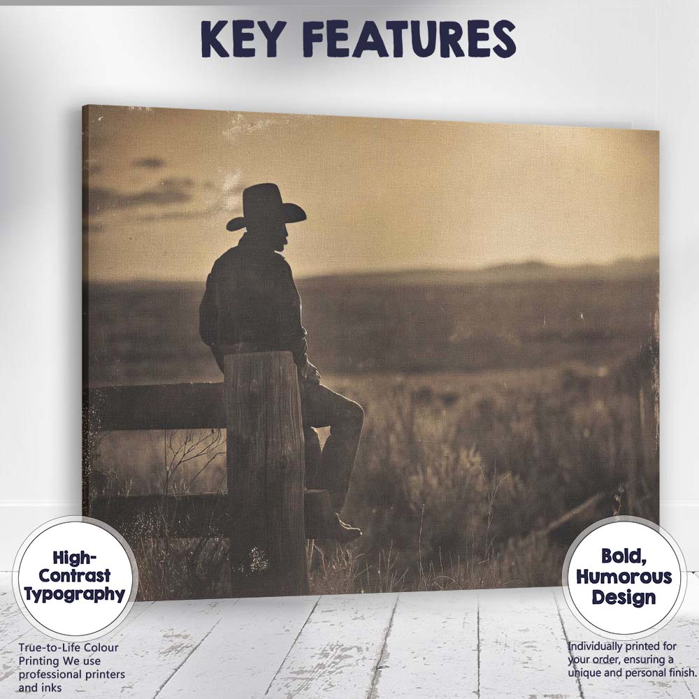 Sepia Lone Cowboy Western Prairie Landscape Photography Canvas Wall Art Print Decor Picture Ready to Hang