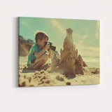 Young Boy Photographing Sandcastle on Sunny Beach Canvas Wall Art Print Decor Picture Ready to Hang