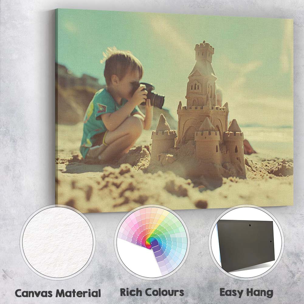 Young Boy Photographing Sandcastle on Sunny Beach Canvas Wall Art Print Decor Picture Ready to Hang