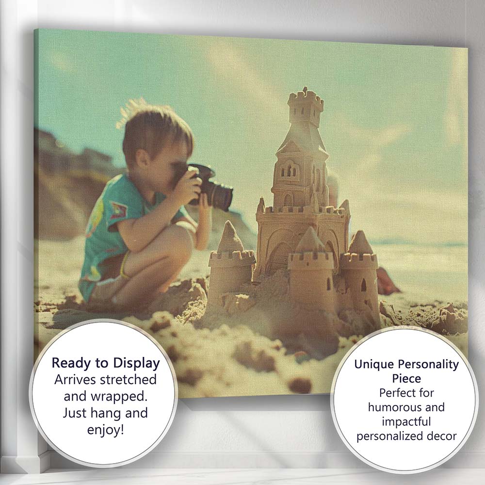 Young Boy Photographing Sandcastle on Sunny Beach Canvas Wall Art Print Decor Picture Ready to Hang