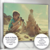 Young Boy Photographing Sandcastle on Sunny Beach Canvas Wall Art Print Decor Picture Ready to Hang