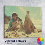 Young Boy Photographing Sandcastle on Sunny Beach Canvas Wall Art Print Decor Picture Ready to Hang