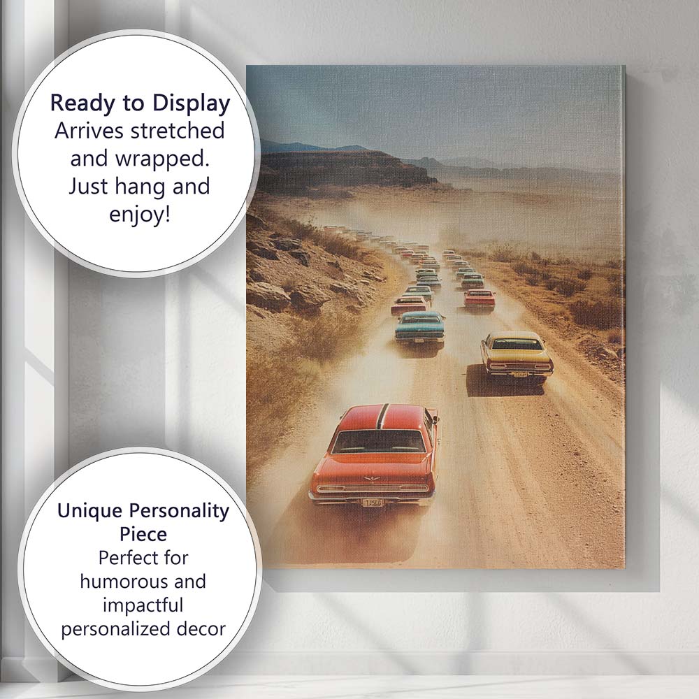 Classic American Muscle Cars Desert Road Convoy Photography Canvas Wall Art Print Decor Picture Ready to Hang