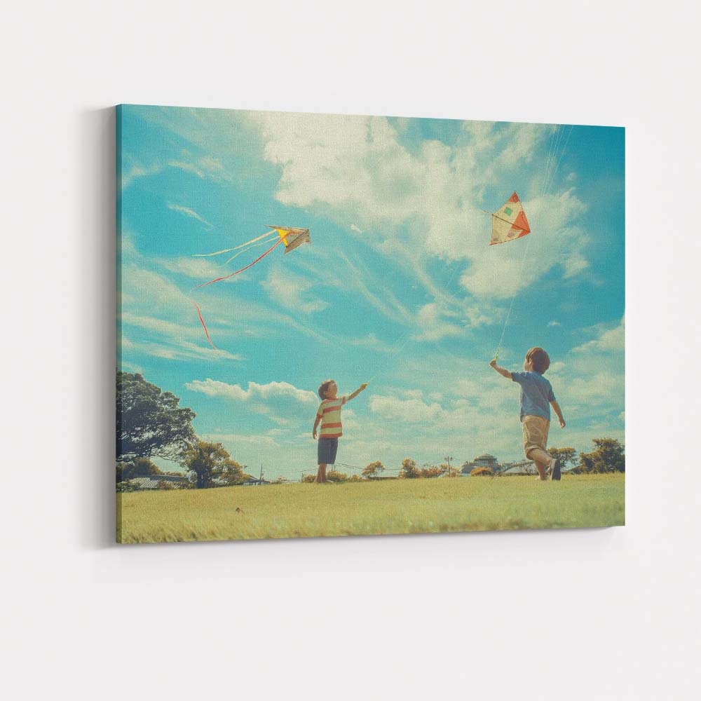 Children Flying Colourful Kites Summer Blue Sky Photography Canvas Wall Art Print Decor Picture Ready to Hang