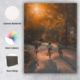 Children Cycling Along Tree Lined Street at Sunset Photography Canvas Wall Art Print Decor Picture Ready to Hang