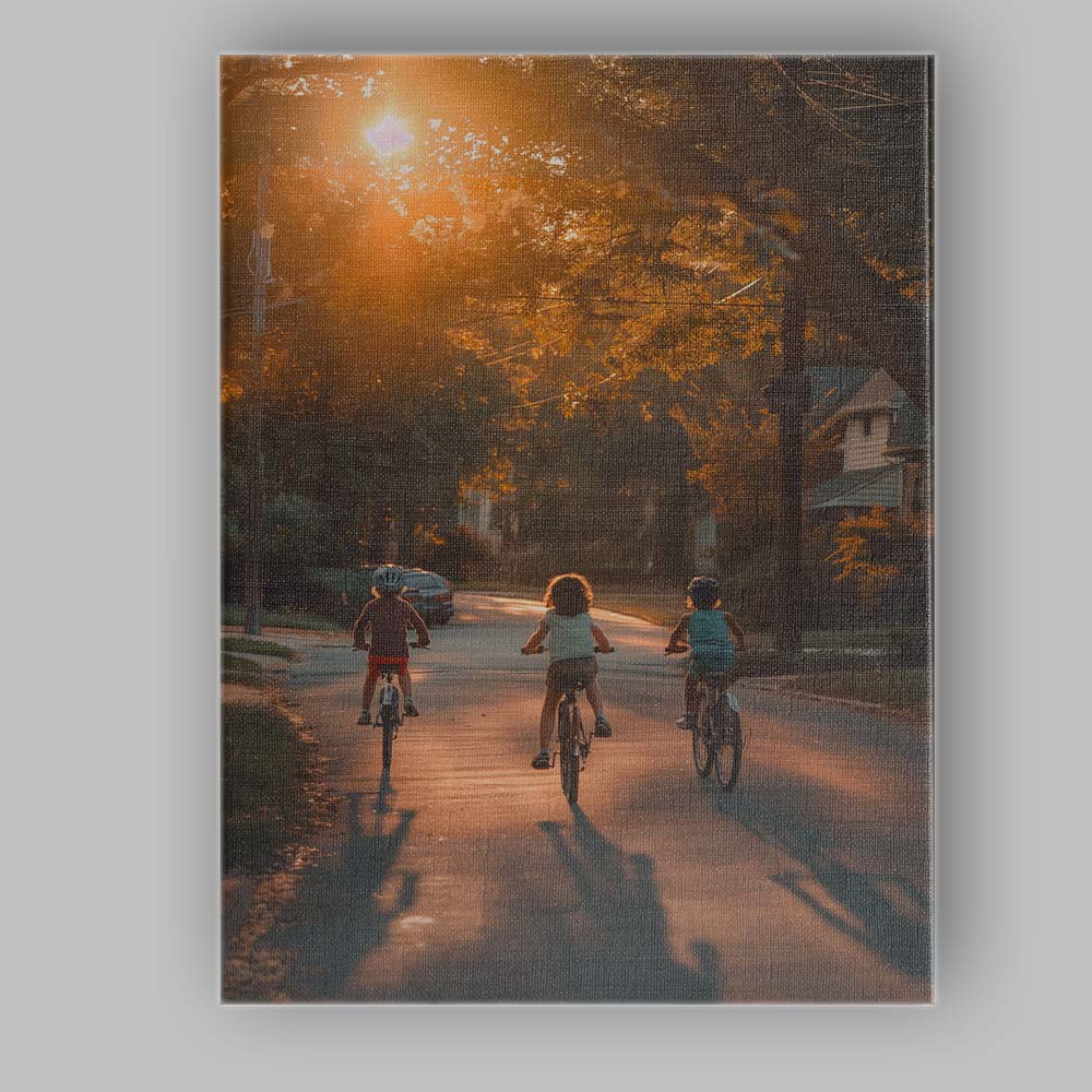 Children Cycling Along Tree Lined Street at Sunset Photography Canvas Wall Art Print Decor Picture Ready to Hang