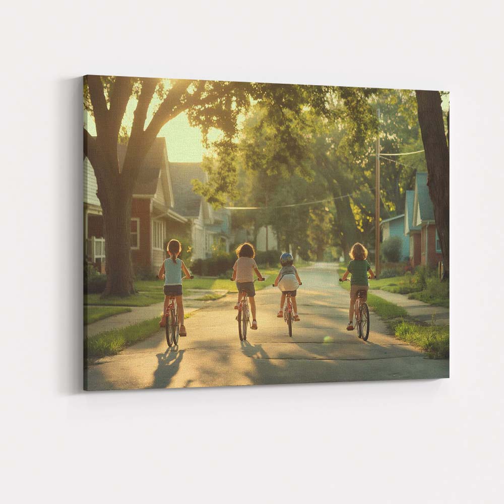 Friends Riding Bicycles Through Peaceful Suburban Neighbourhood Photography Canvas Wall Art Print Decor Picture Ready to Hang