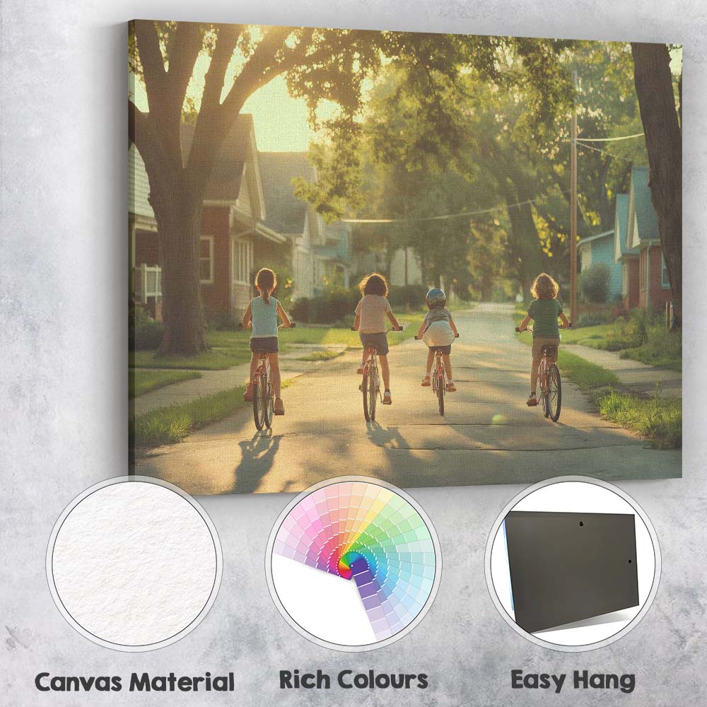 Friends Riding Bicycles Through Peaceful Suburban Neighbourhood Photography Canvas Wall Art Print Decor Picture Ready to Hang