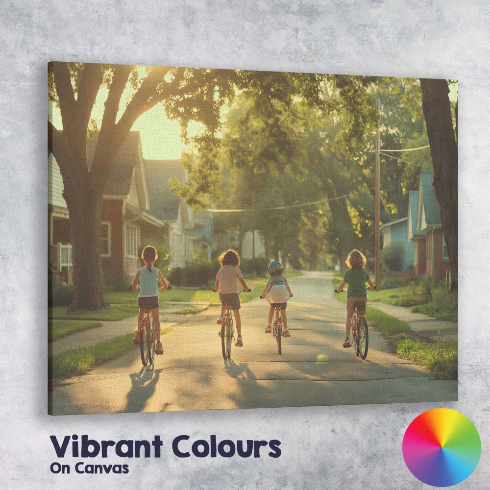 Friends Riding Bicycles Through Peaceful Suburban Neighbourhood Photography Canvas Wall Art Print Decor Picture Ready to Hang