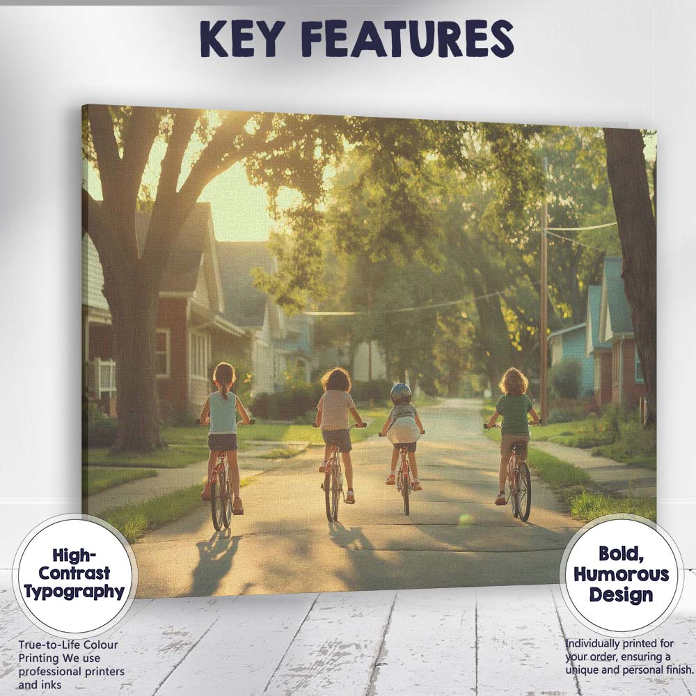 Friends Riding Bicycles Through Peaceful Suburban Neighbourhood Photography Canvas Wall Art Print Decor Picture Ready to Hang