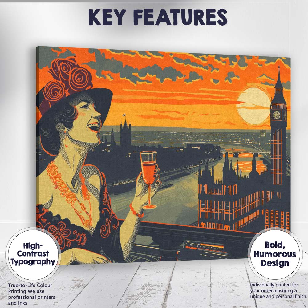 Art Deco London Skyline Big Ben Sunset Celebration Illustration Canvas Wall Art Print Decor Picture Ready to Hang