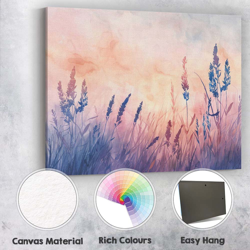Pastel Wild Meadow Grass Silhouette Watercolour Landscape Canvas Wall Art Print Decor Picture Ready to Hang