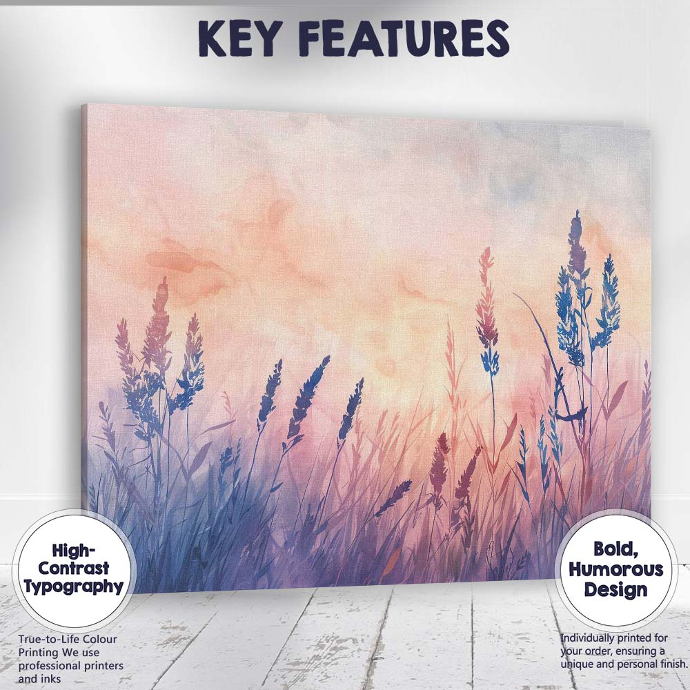 Pastel Wild Meadow Grass Silhouette Watercolour Landscape Canvas Wall Art Print Decor Picture Ready to Hang